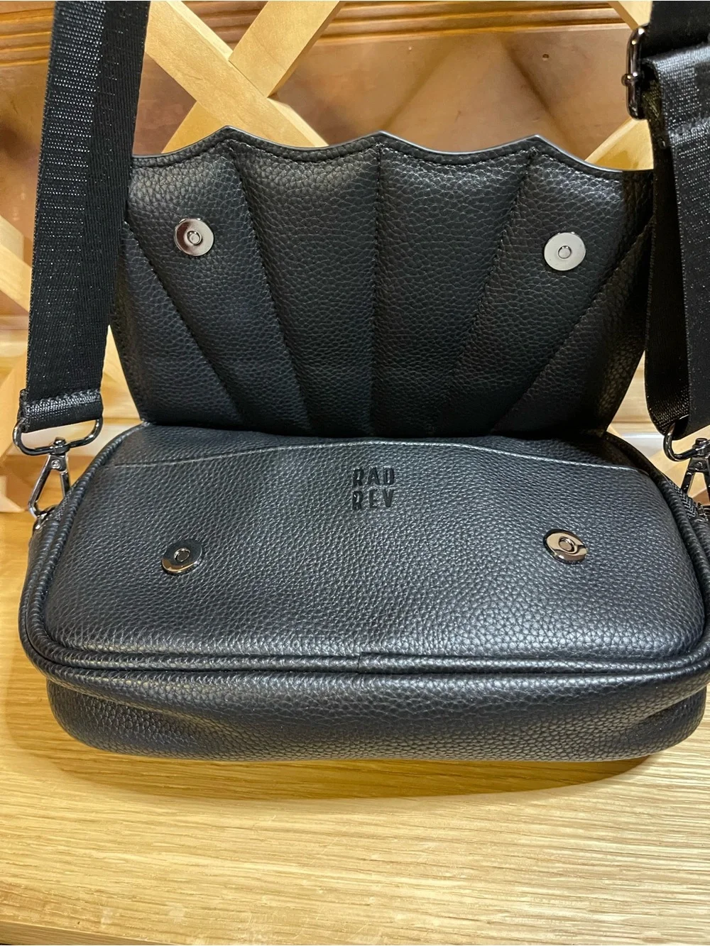 RadRev Edgy Crossbody in Black / Studded Batwing Scalloped Magnetic Flap